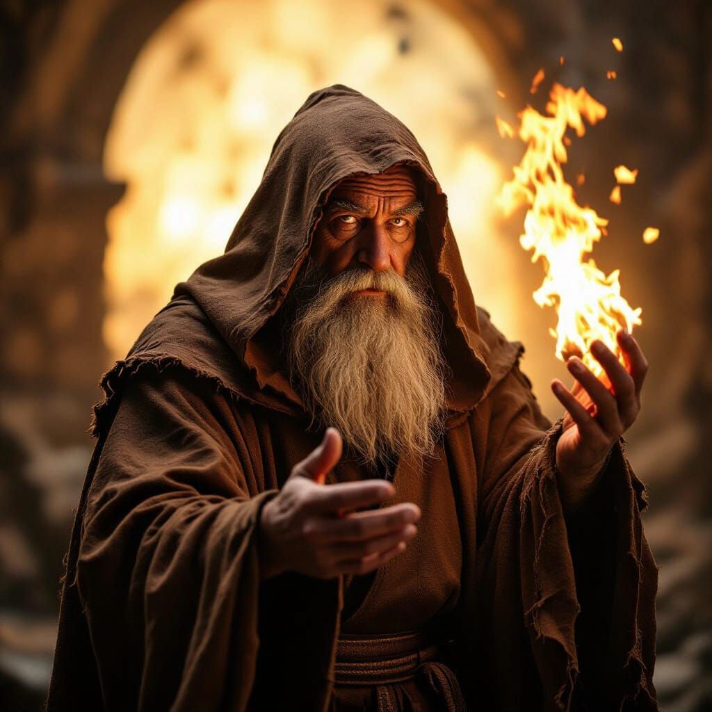 Old Wizard in Brown Robe with Cinematic Lighting