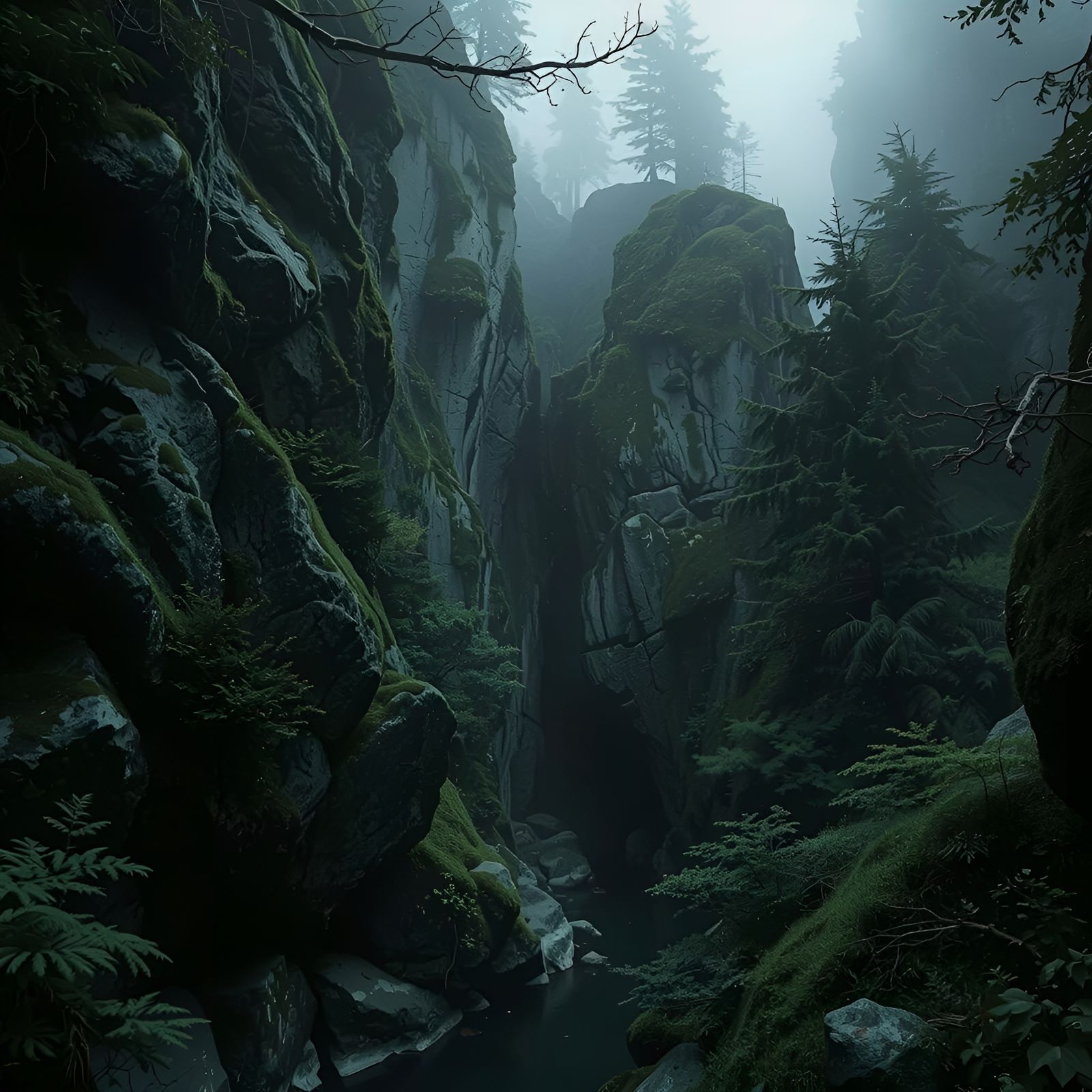 Mysterious Cave Sanctuary Beneath Lush Forest Cliffs