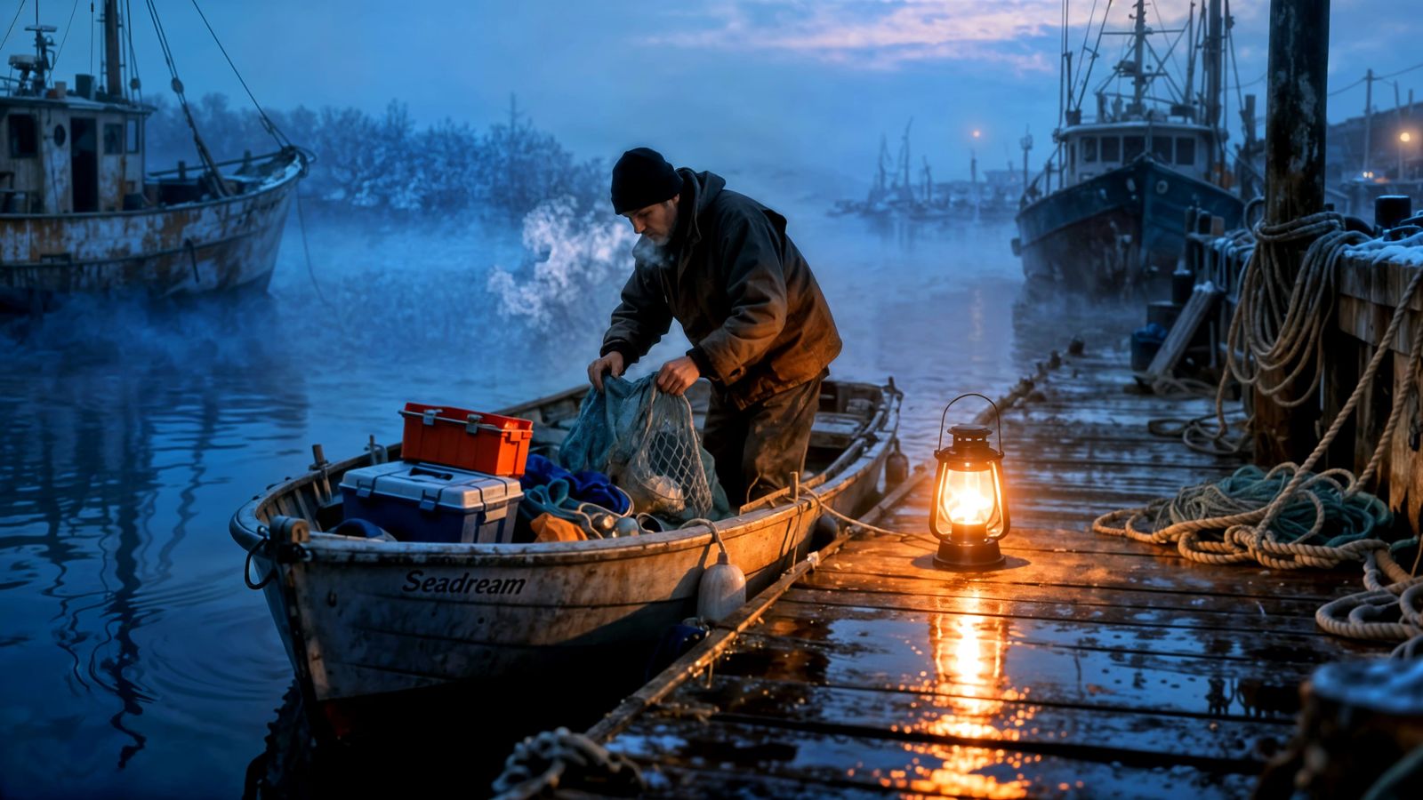 Fisherman Prepares Boat at Dawn in Foggy Harbor