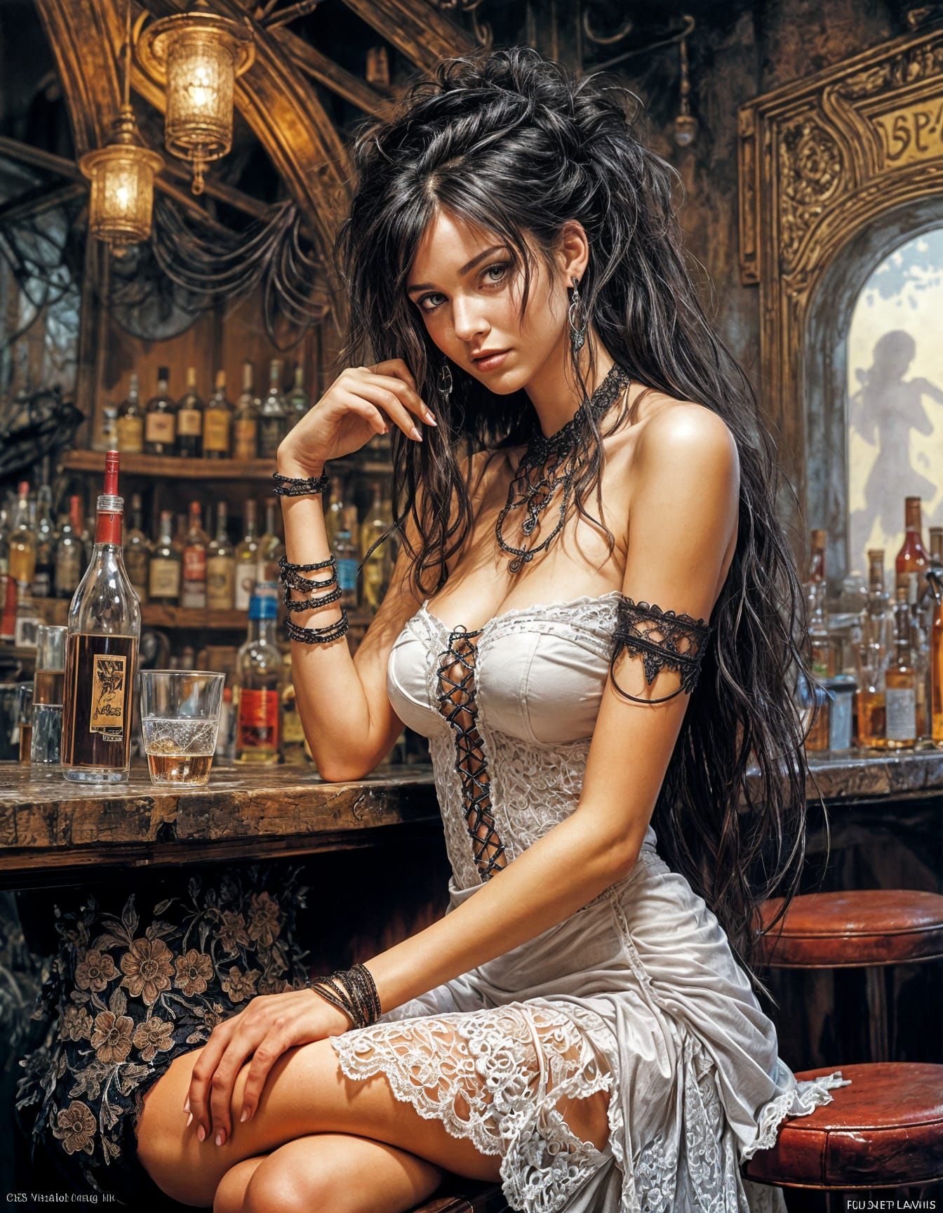 Beautiful Woman at Bar with Dark Braid