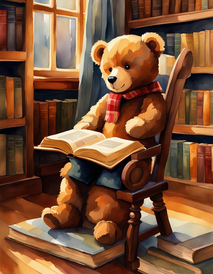 Teddy Bear Reads in Cozy Library: Digital Illustration