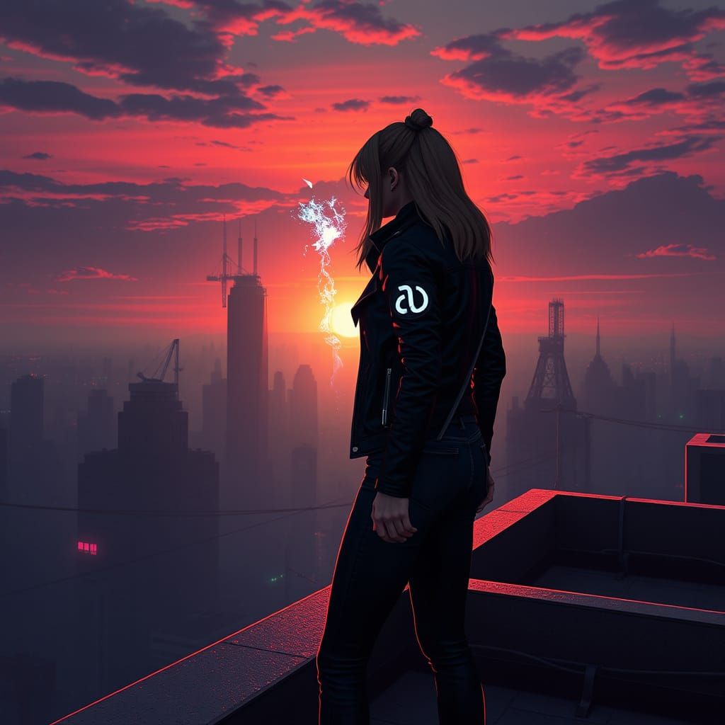 Cyberpunk Alice on Rooftop at Sunrise with Plasma Energy