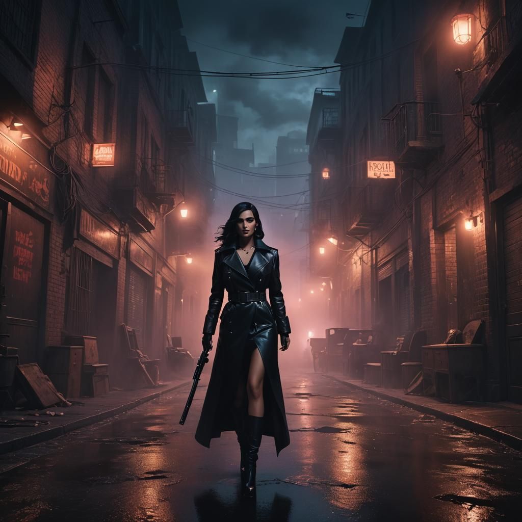 Neo Noir Femme Fatale in Dark Alley