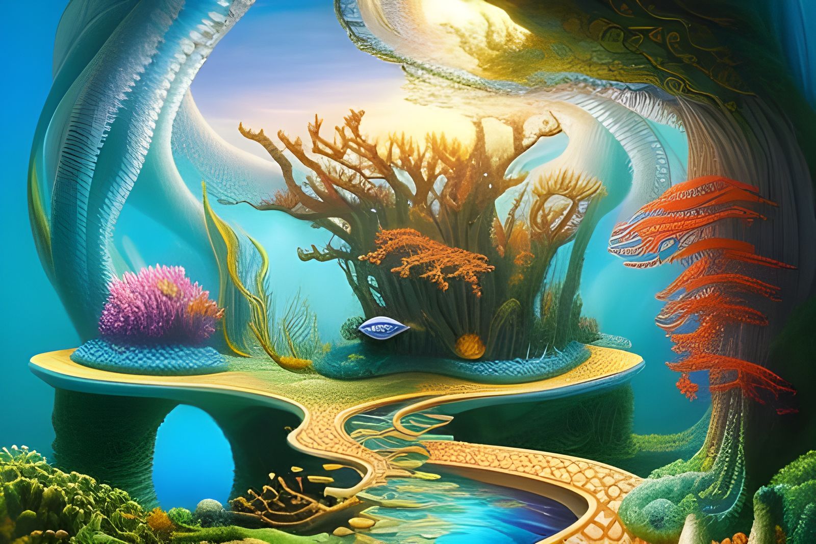 Ethereal Underwater Wonderland Illustration with Coral Castl...