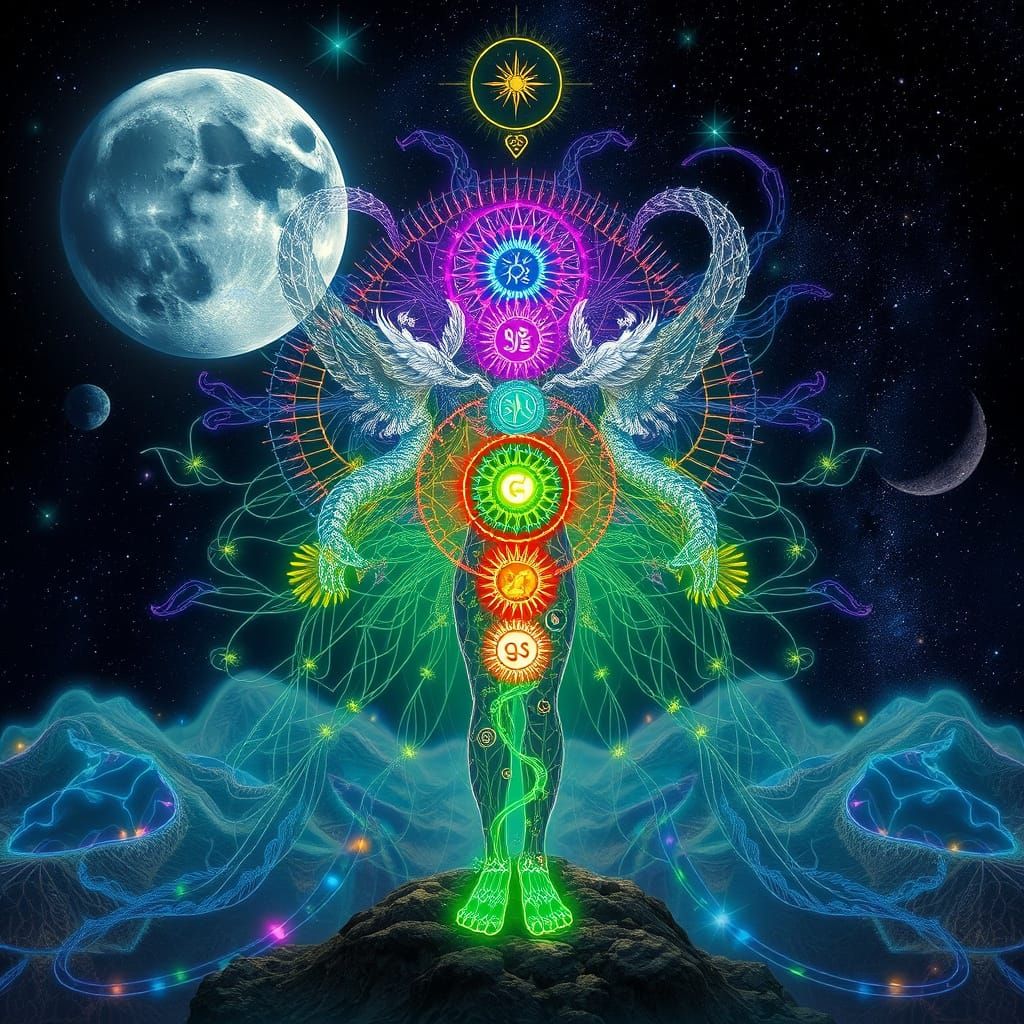 Luminous Chakra Mindscape with Mythological Aura