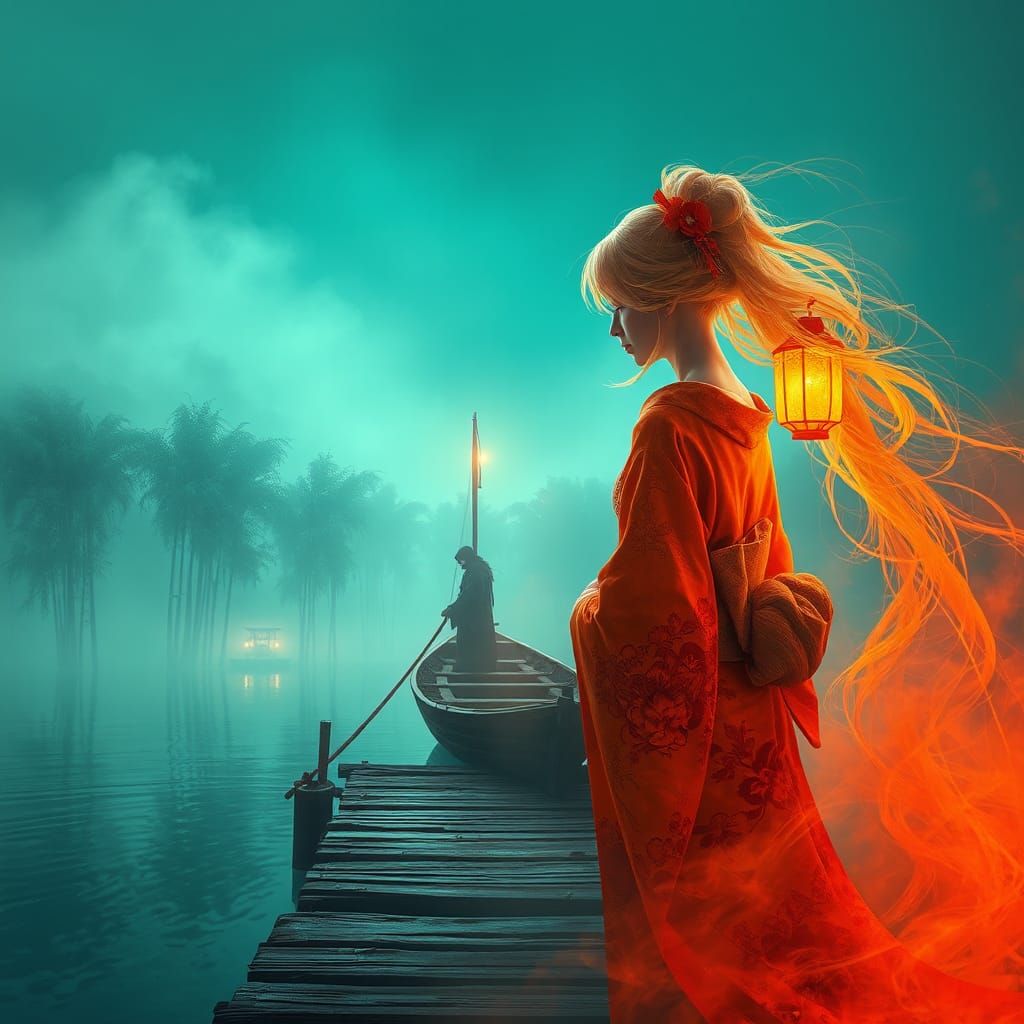 Ethereal Geisha and Grim Reaper in Cubist Style