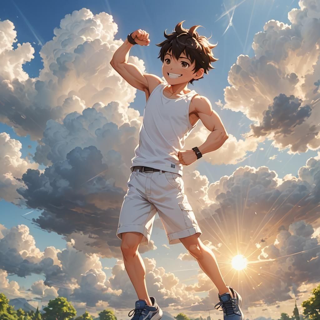 Smiling Boy Flexing Muscle in 3D Digital Art