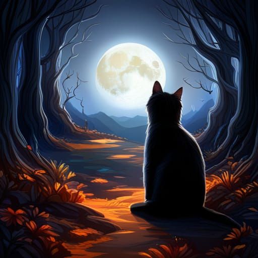 Black Cat, Witch, and Moon in Digital Painting