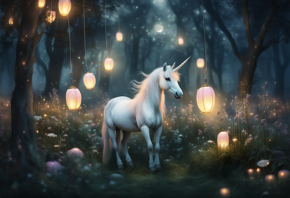Unicorn and Fairy in Magical Glowing Meadow