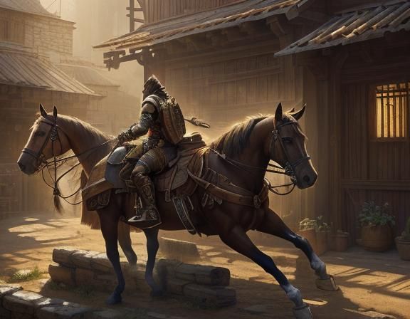 Warrior Resting in Courtyard: Watercolor Fantasy Matte Paint...