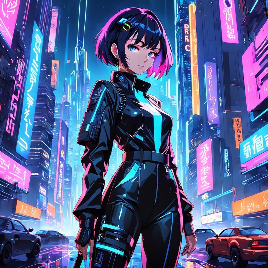 Glowing Cyberpunk Girl in Neon City Night, Digital Anime Sty...