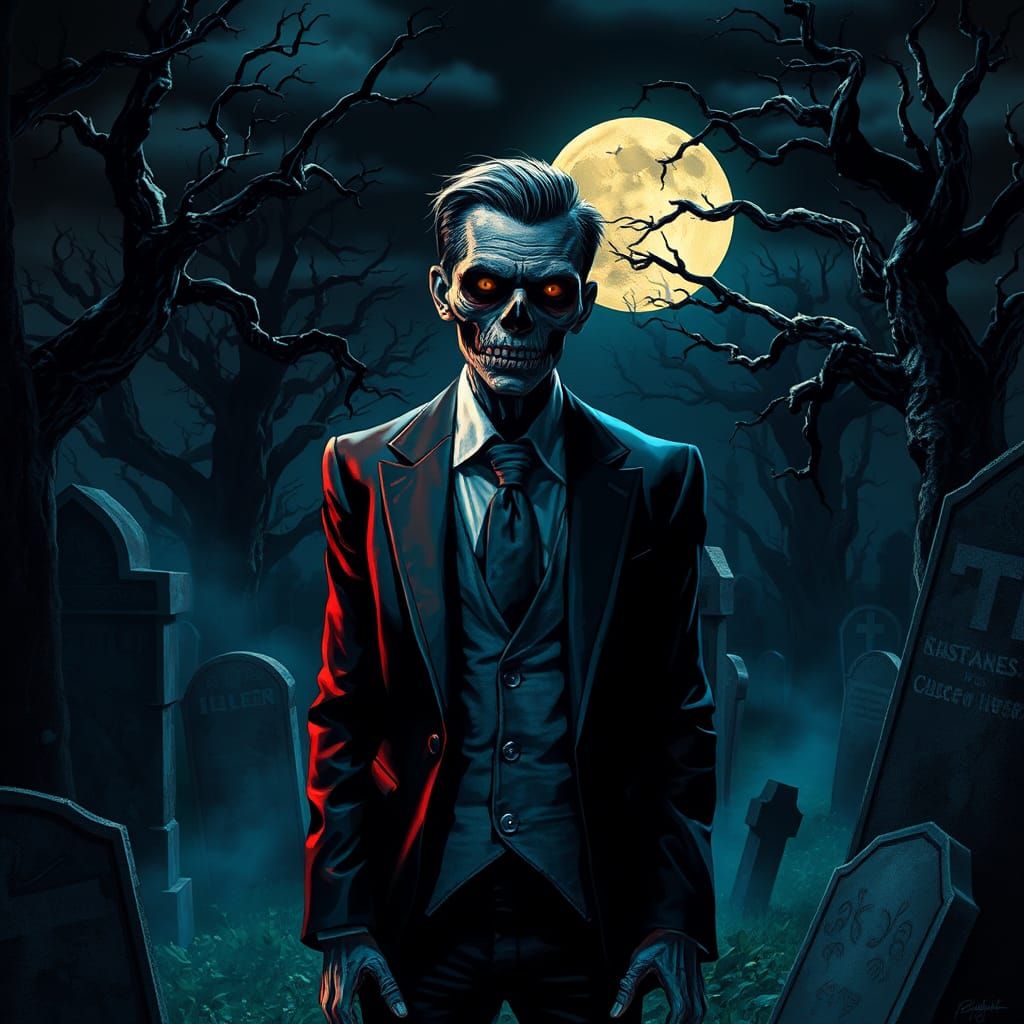 Elegant Zombie in Graveyard: Horror Color Print