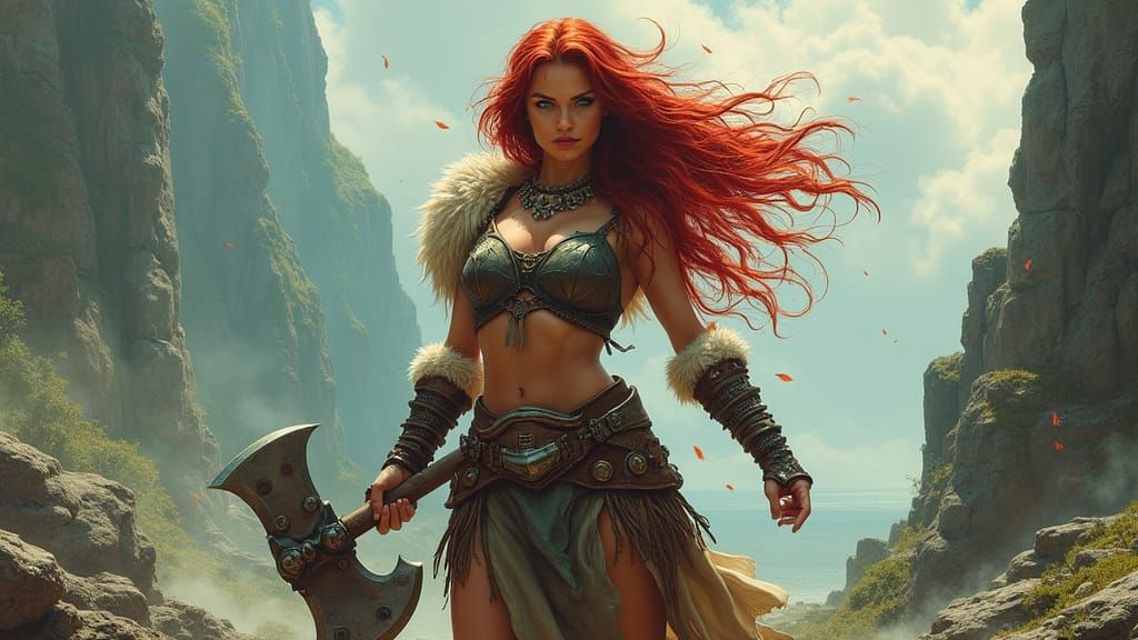 Fierce Barbarian Warrior on Rocky Cliff in Fantasy Art