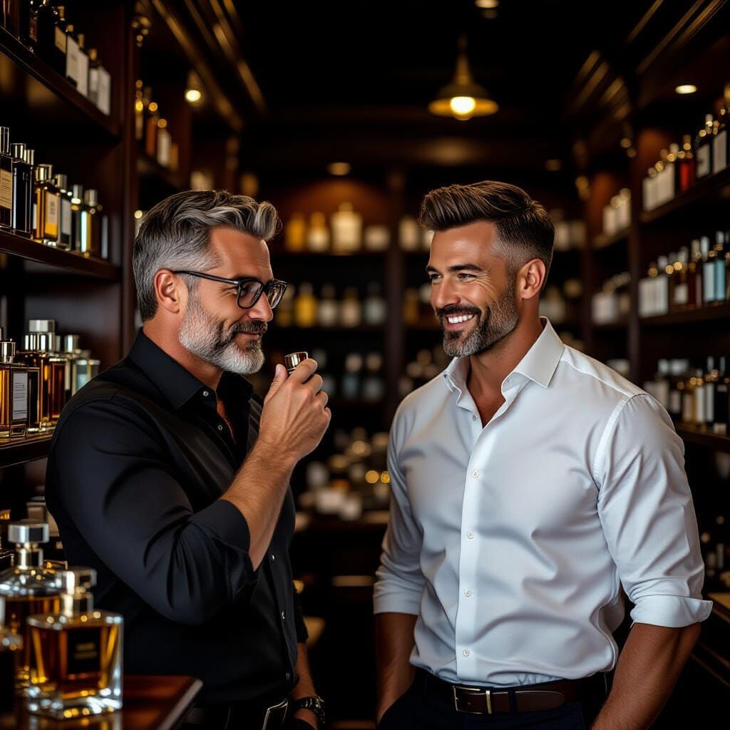 Attractive Men Testing Perfume in Dimly Lit Shop