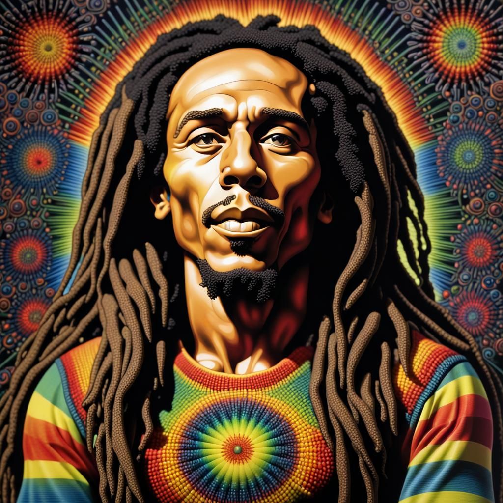 Bob Marley bobblehead, deapdream, fractal art, lite brite art , funk art, by Alex grey , by Gallie Fink