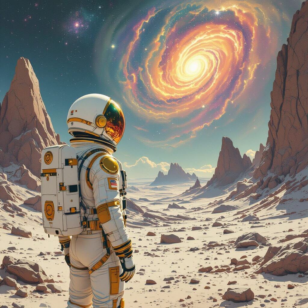 Astronaut on Alien Planet in Retro-Futuristic Style