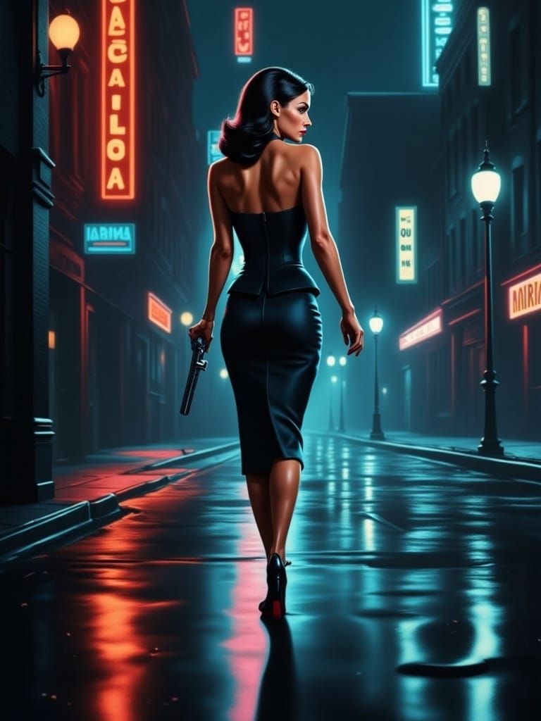 Femme Fatale in Film Noir Cityscape