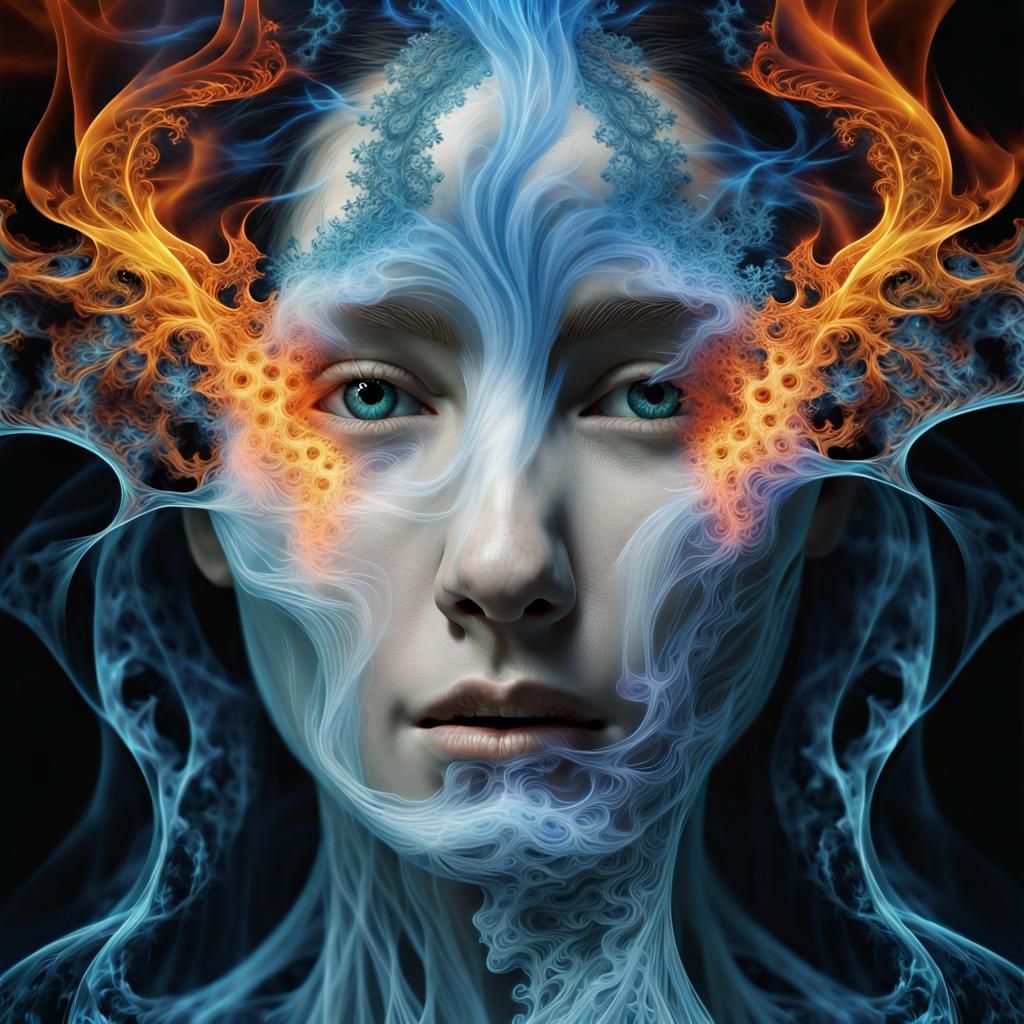 Half face of a woman is bluish fractal water ghost, half of her face is made of fire, wispy fractal water, wispy fracta...