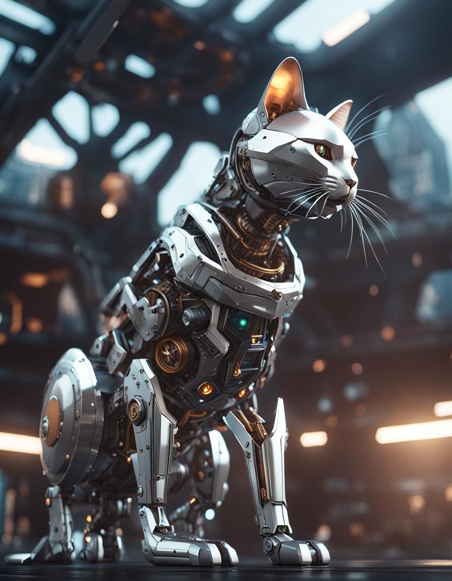 Cat in Woman's Hands with Sci-Fi Mech Details