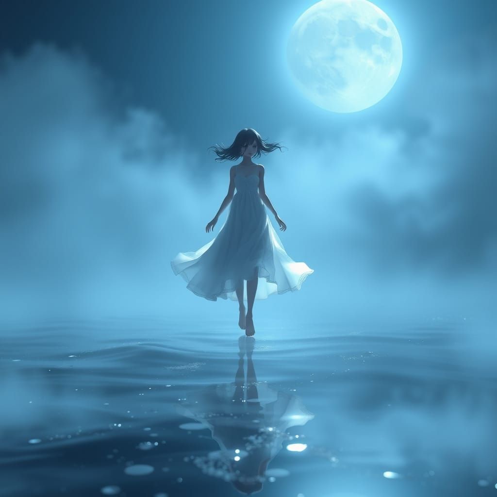 Girl Walks on Water's Surface Under Full Moon