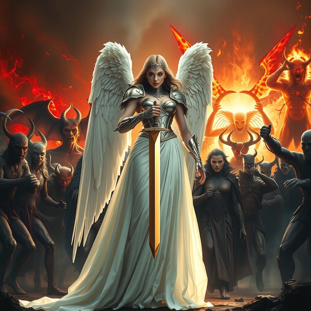 Armored Angel Confronts Demon Horde