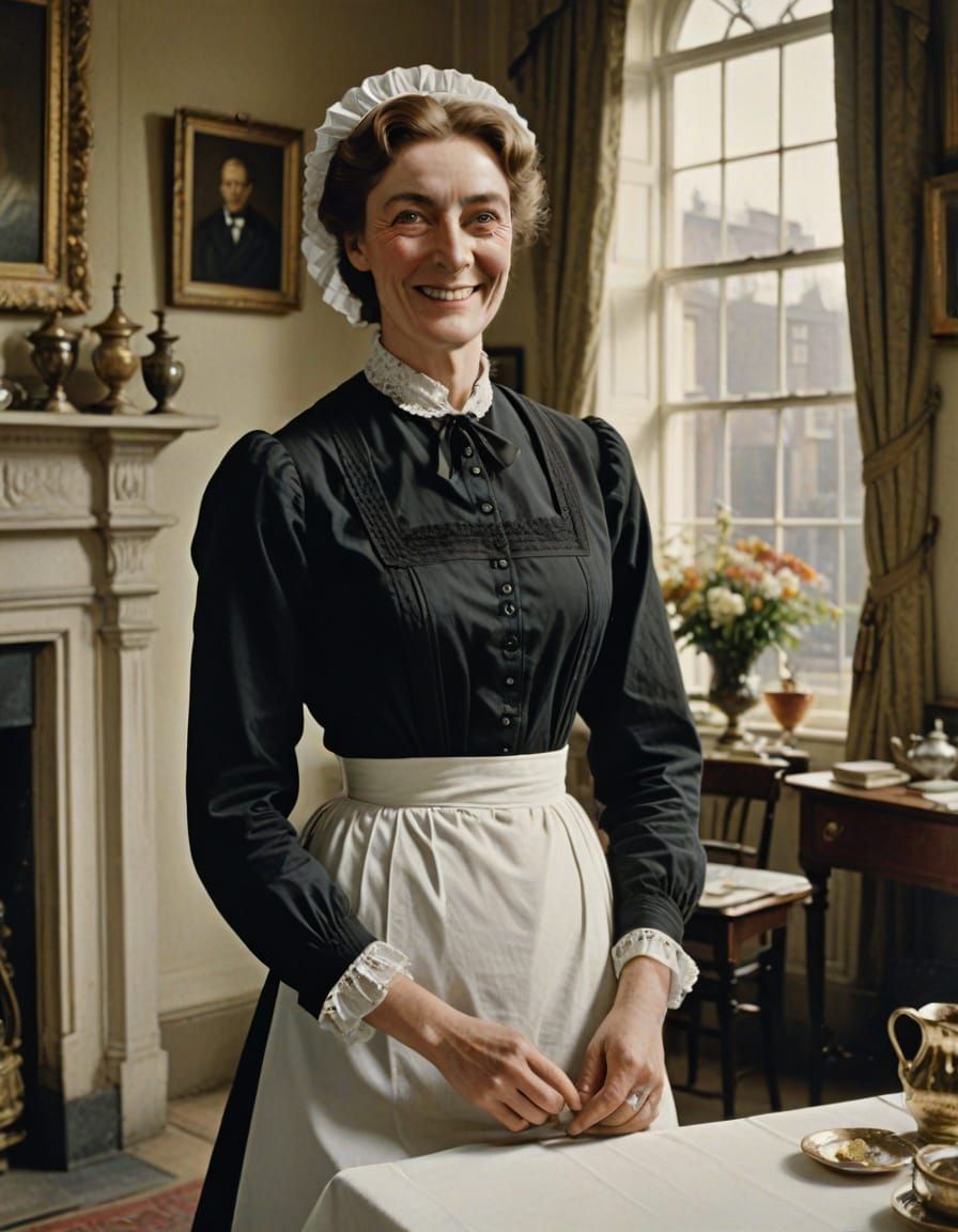 Young Jean Marsh in Edwardian Maid's Attire in London Townho...