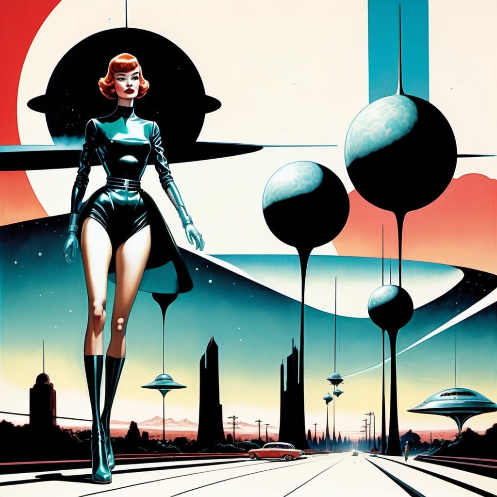 Radiant Giantess Dominates Retro-Futuristic Landscape