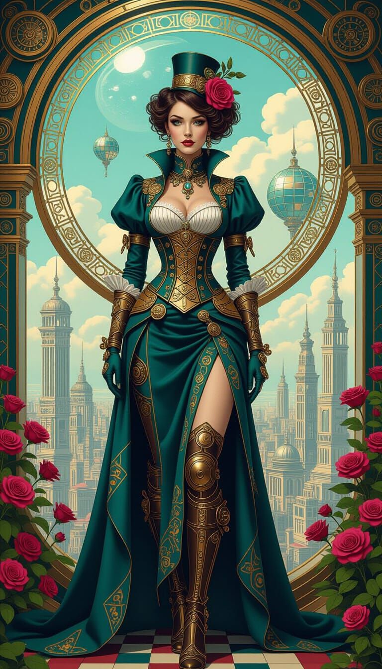 Steampunk Cyberpunk Woman in Floral Arcology City