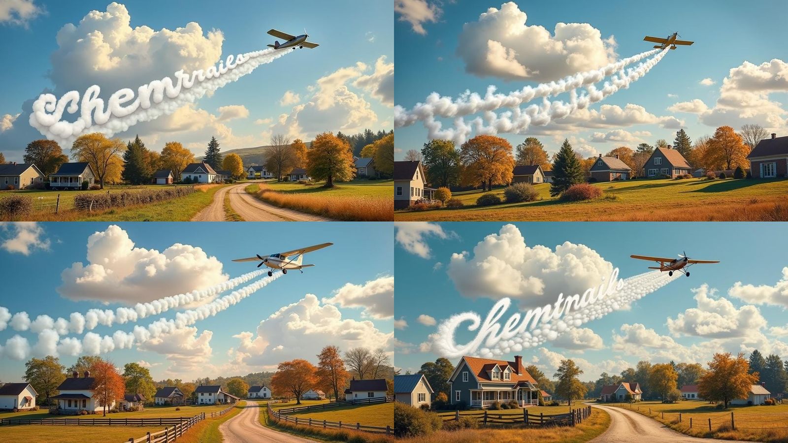 Quaint Countryside Scene with Skywriting Airplane