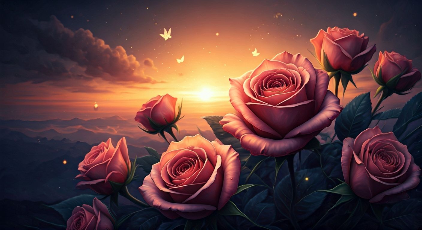 Dreamy Sunset: Dusty Pink Roses with Butterflies