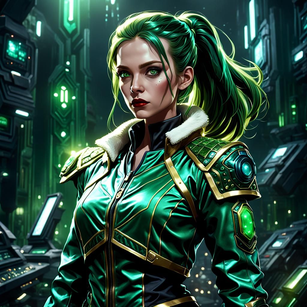 Shimmering Velvet Secretary in Green Sci-Fi