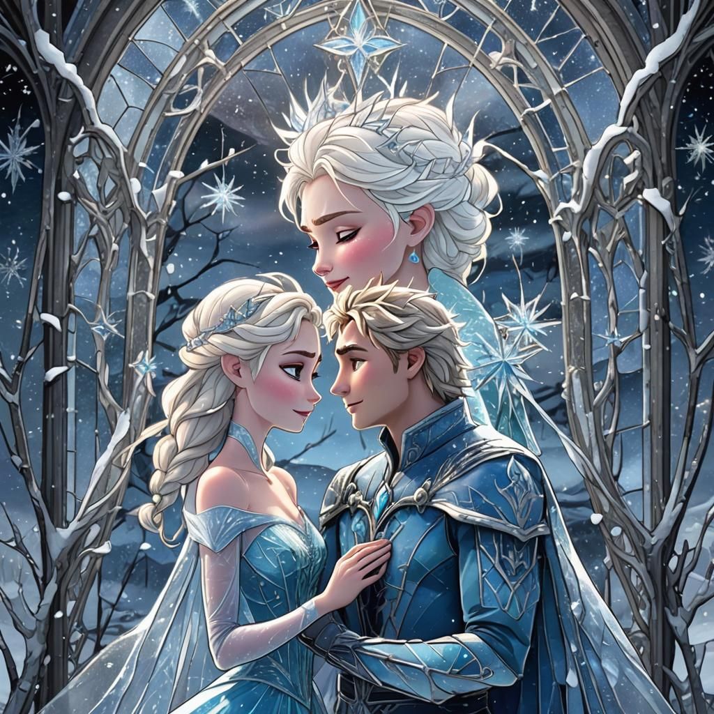 Elsa and Jack Frost in Stained Glass Style