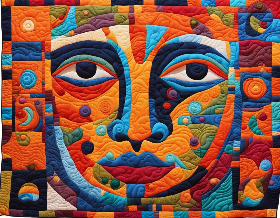 Surreal Quilted Portrait in Arts and Crafts Style