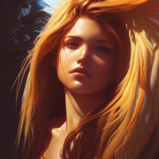 Majestic Portrait of Fire-Haired Girl on Windy Beach