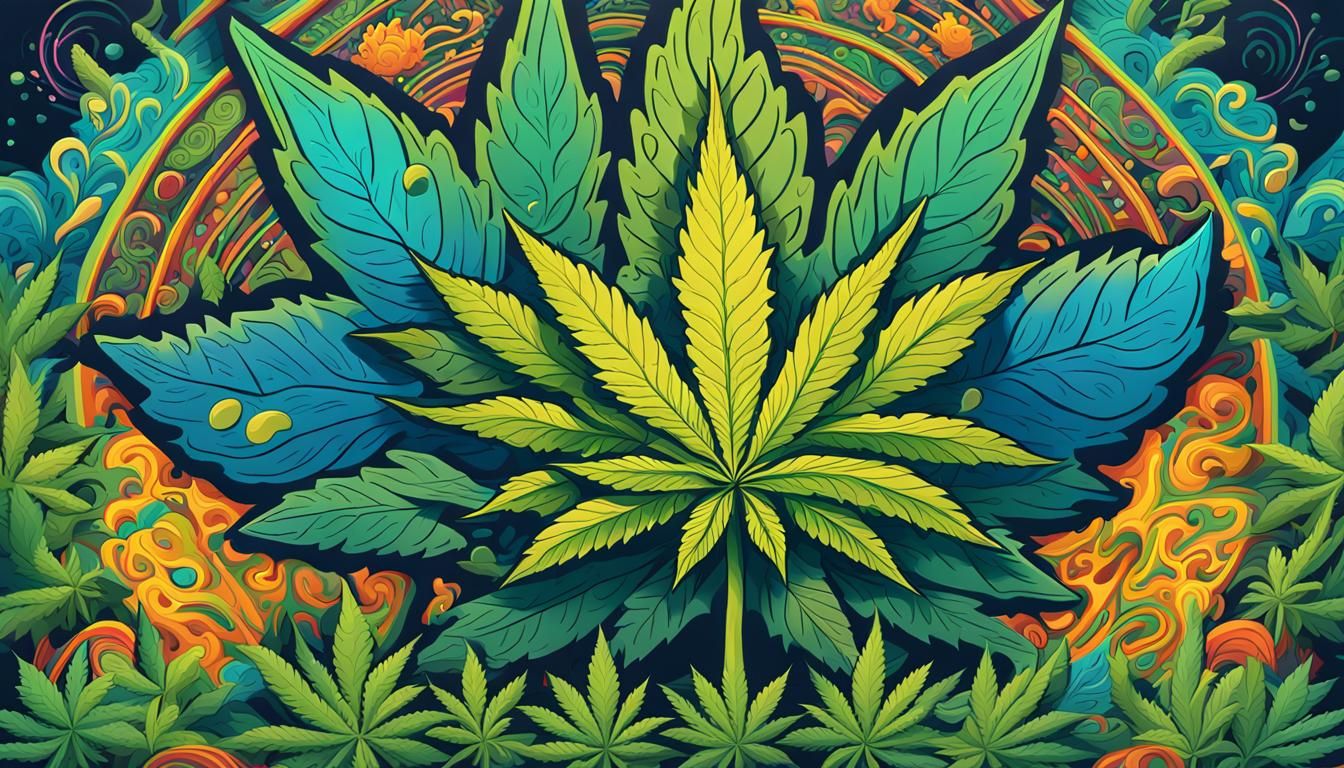 Cartoon Cannabis Plant in Psychedelic Garden