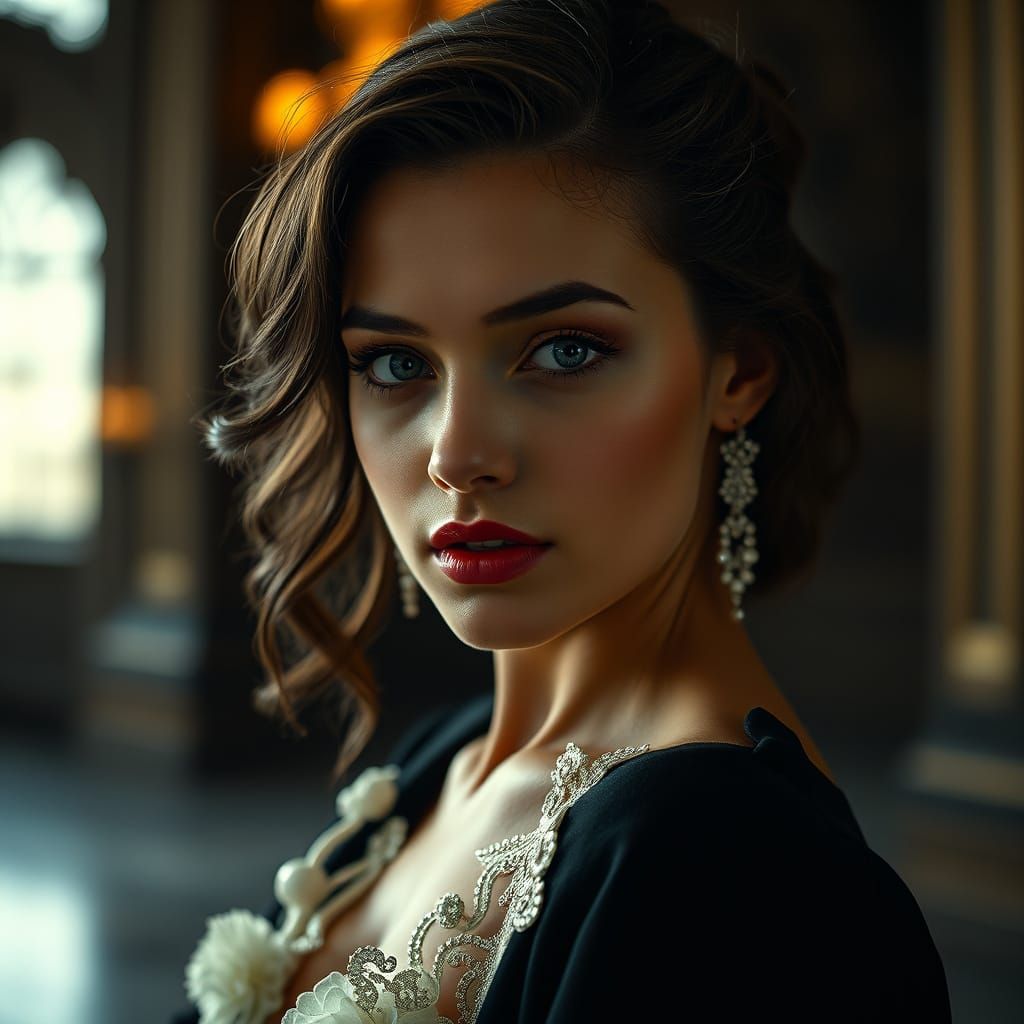 Elegant Woman Posing in Dramatic Hyperrealistic Style