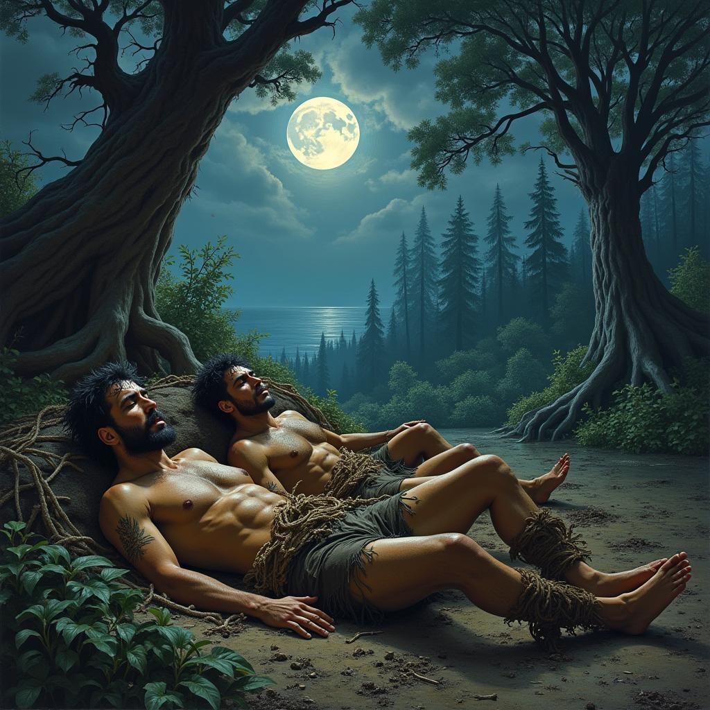 Primitive Warriors Sleeping in Forest Moonlight