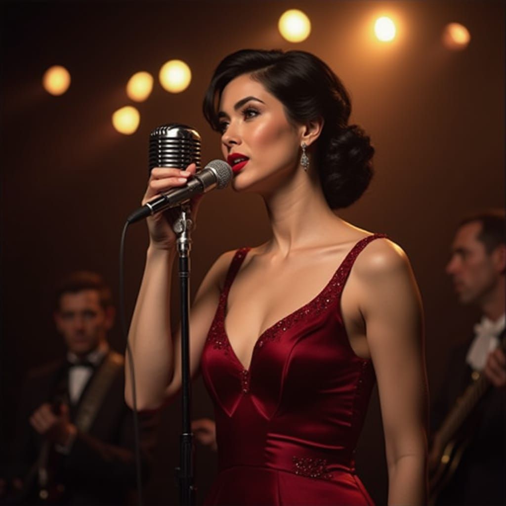 Glamorous Singer in Crimson Gown
