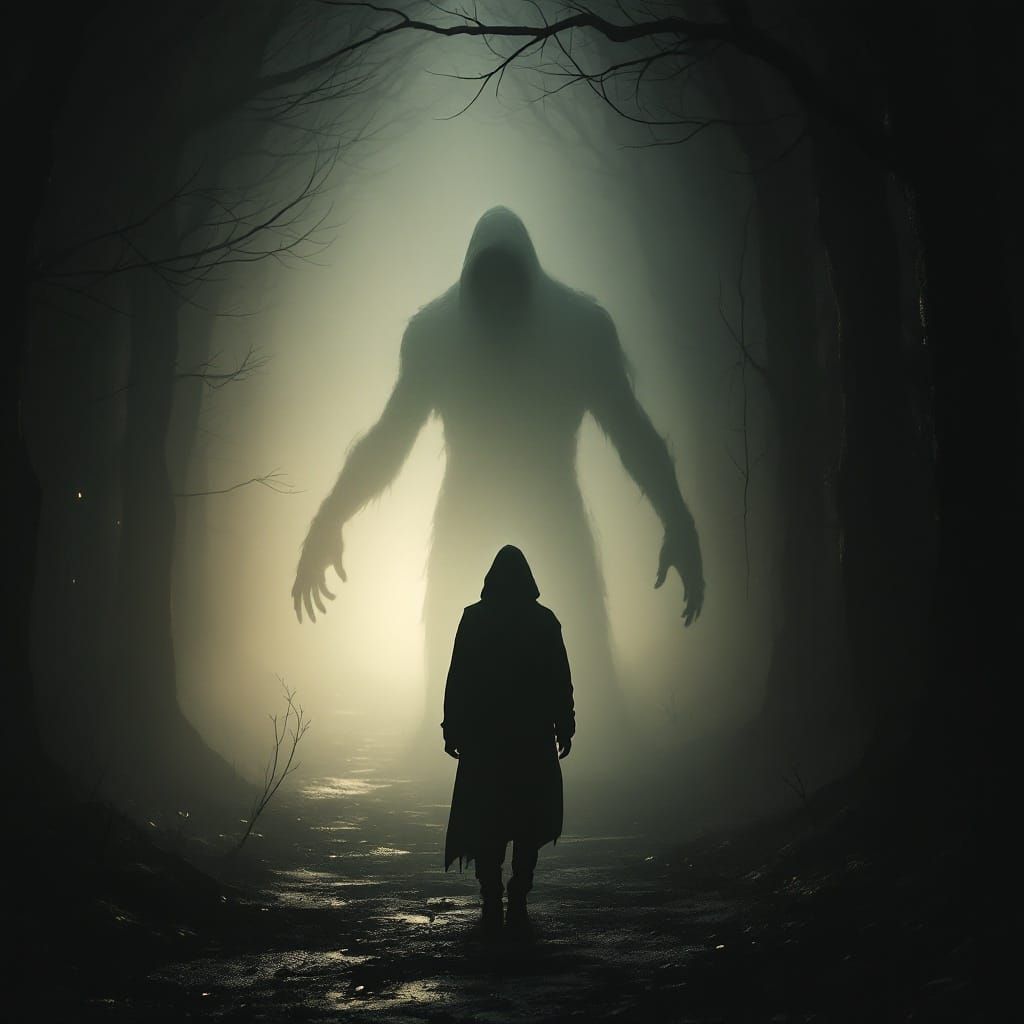 Surreal, Dimly Lit Scene Capturing Suspense and Fear