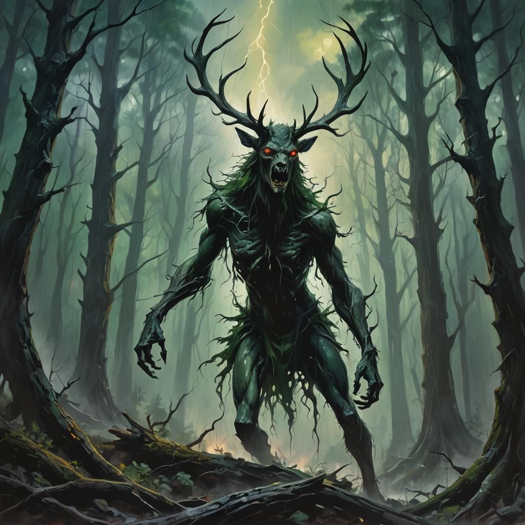 Wendigo in Stormy Forest: Oil Painting Style