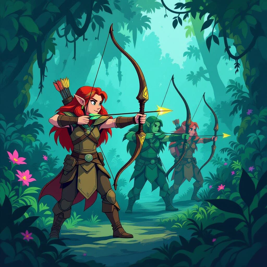 Elven Rangers Navigate Alien Jungle in Cartoon Style