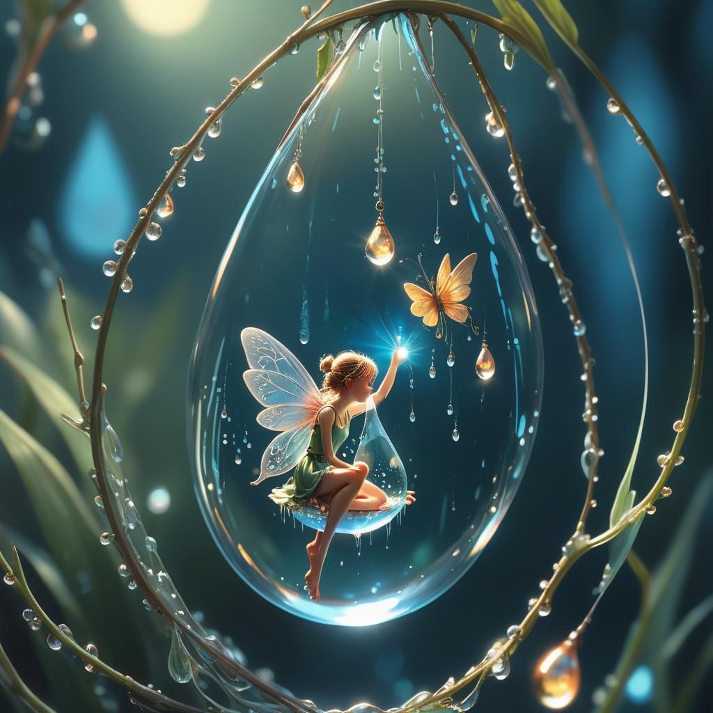 Fairy in Teardrop with Glowing Orbs: Hyperrealistic Digital ...