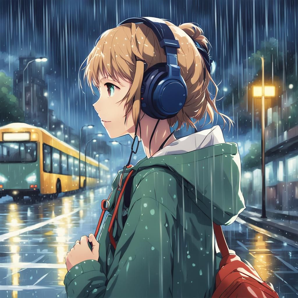 Anime Girl Listening to Music in Rainy Bus Stop