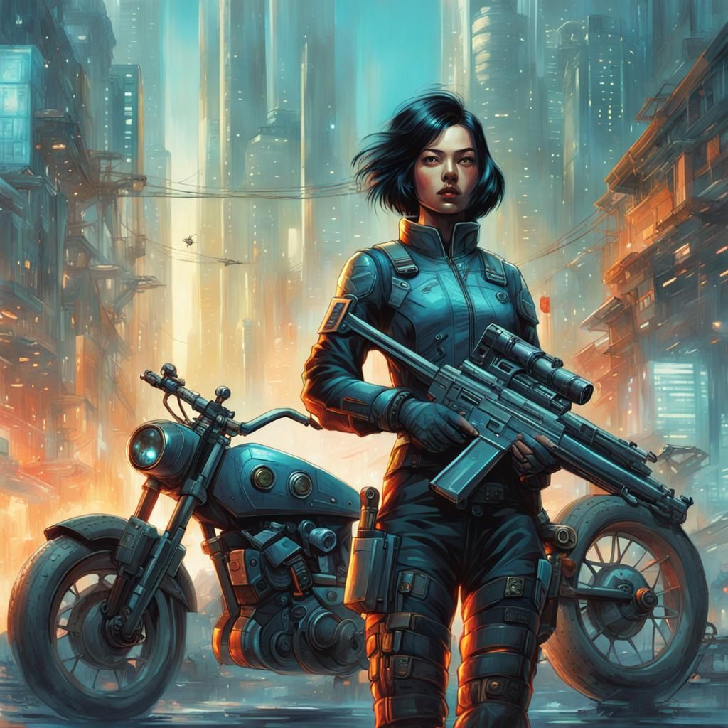 Retro-Futuristic Asian Soldier Woman in Cityscape