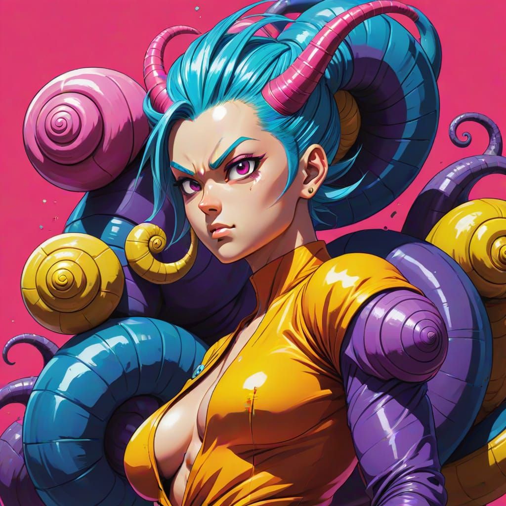 Cyberpunk-Inspired Female Snail Monster in Vibrant Colors