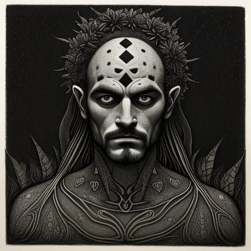 A beefcake with plants growing out of his forehead, black an...