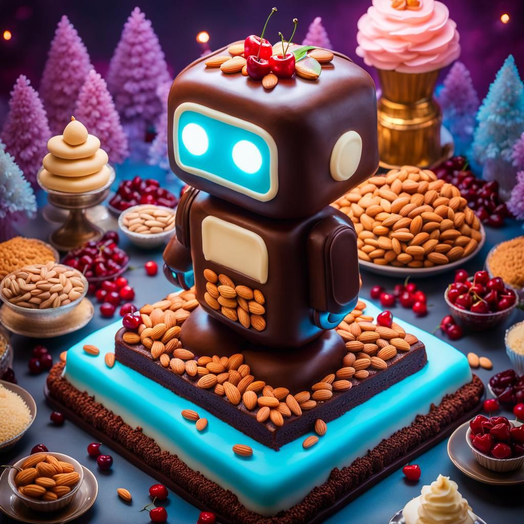 Anime-Style Cake Robot Sculpture with Ethereal Glow