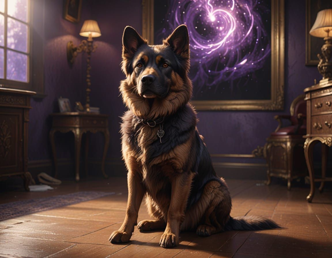 Fluffy Brown Dog in Dramatic Purple Room Concept Art