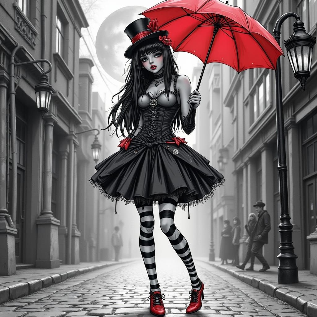 Victorian Circus Girl Under a Vibrant Red Umbrella