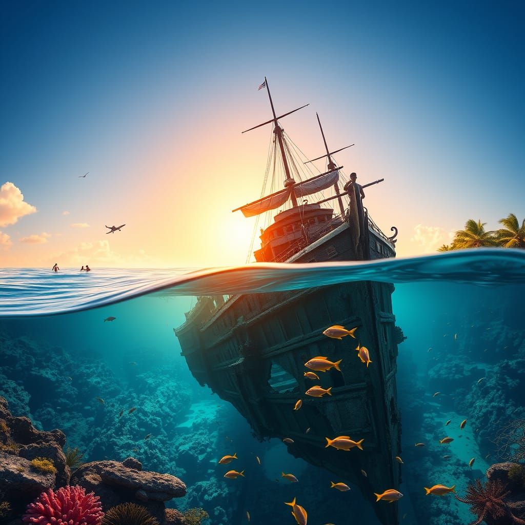 Surreal Oceanic Scene with Ancient Shipwreck and Vibrant Bea...